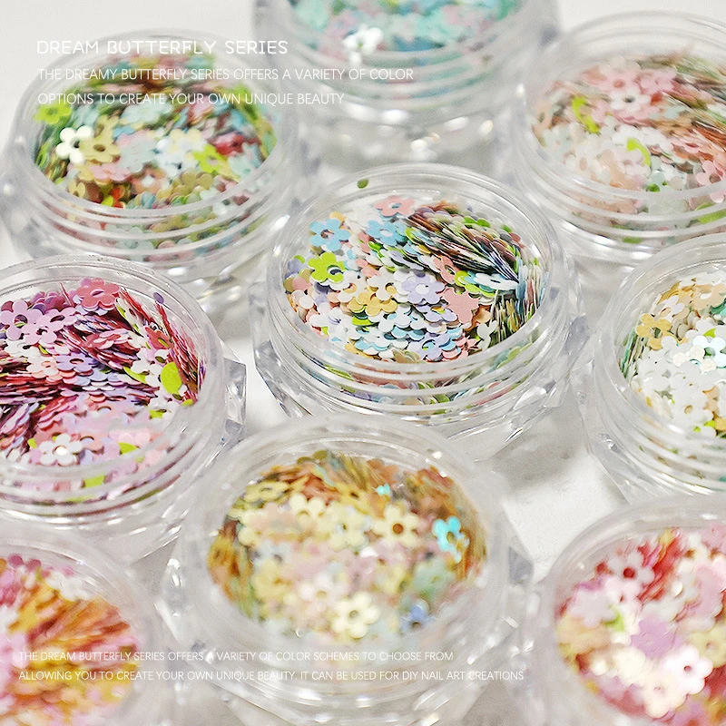 الترتر مسمار الفن الديكور ، مانيكير نصائح سحر للنساء 1 جرة الجوف خارج الزهور مسمار الفن بريق رقائق صغيرة تألق مسمار