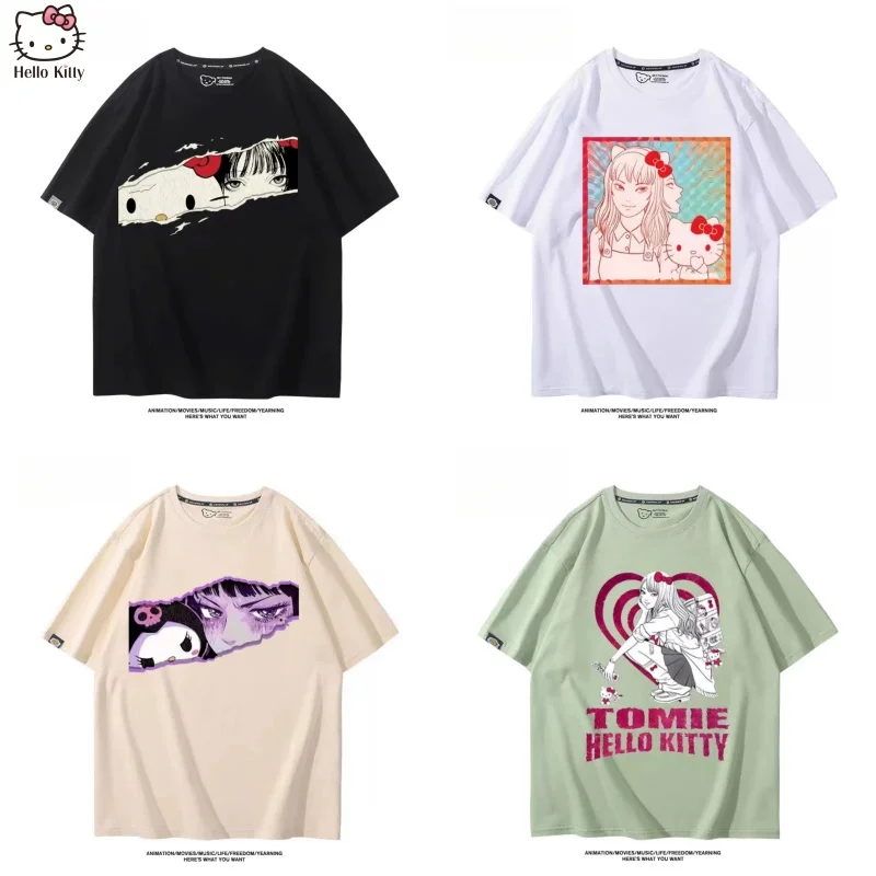 New Hot Cartoon Hello Kitty T Shirt 100% Cotton Printed Sanrio Tomie Junji Ito T-Shirt For Women Men Loose Oversized Tees