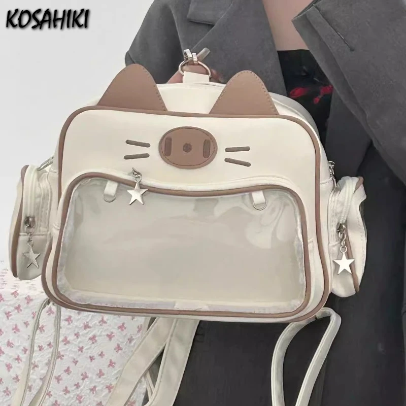 Y2k estetyczne słodkie Kawaii kot torby na ramię Ita Preppy kobiety przezroczyste śliczne plecaki moda Casual torebki dziewczęce Crossbody