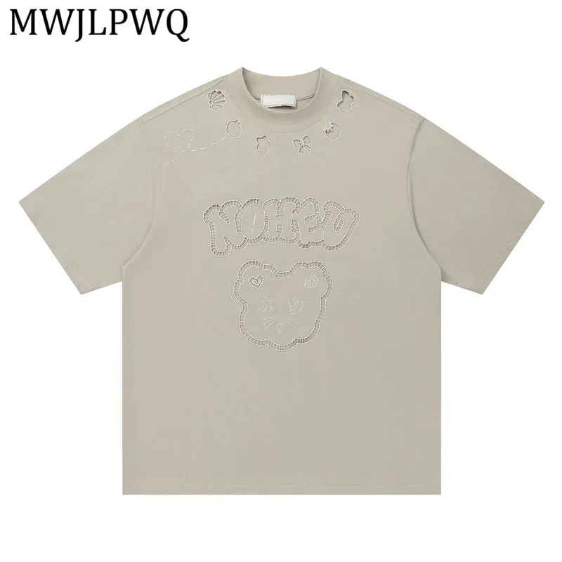 

MWJLPWQ Hollow Embroidery Design Short-Sleeve T-Shirt For Men American-Style Trendy Summer Loose Casual Round Collar Tops 16559