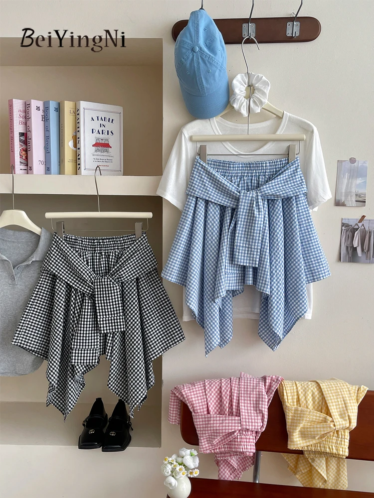 Beiyingni Japanese Preppy Style Women Skirt Plaid Casual Irregular Lace-up Mini Skirts for Woman Vintage Fashion Summer Faldas