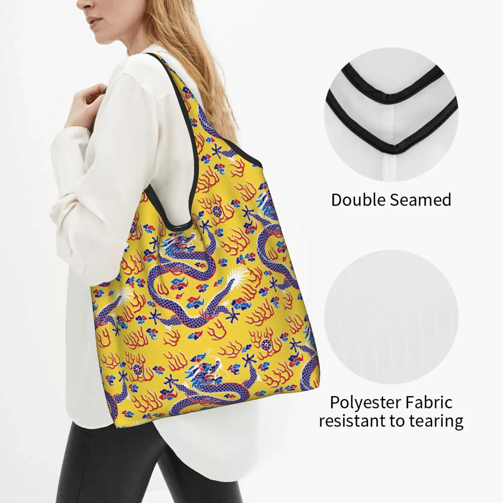 Kawaii Print Vintage Chinese Style Dragon Art Shopping Tote Bags Portable Shoulder Shopper Tradition Asian Myth Handbag