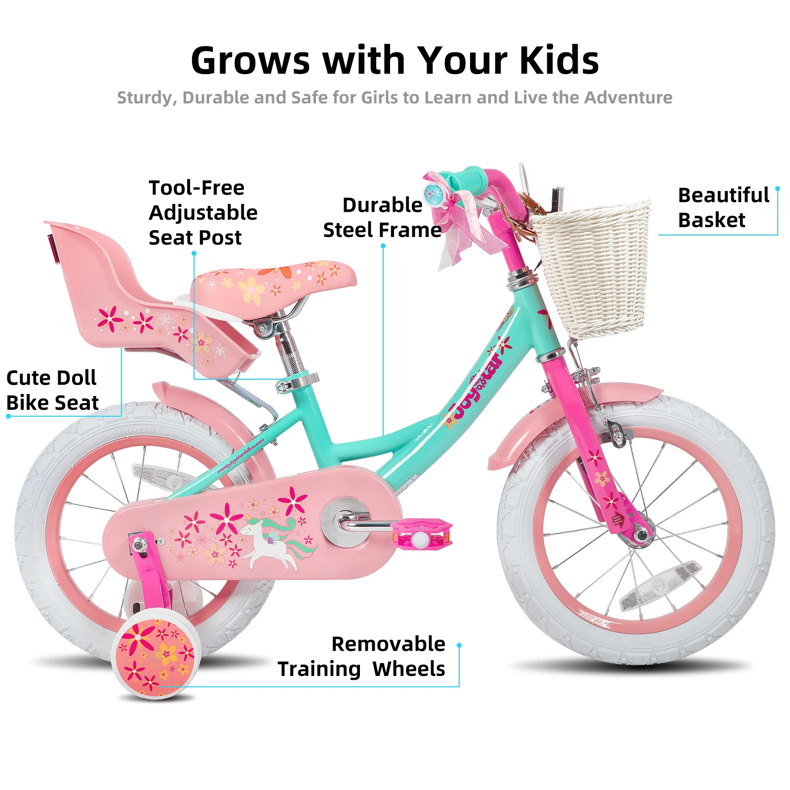 JOYSTAR Kids Bike for Girls Age 2-9 Years, 12 14 16 18 Inch Kids Bike with Training Wheels, Doll Seat, Streamers, Basket, Green