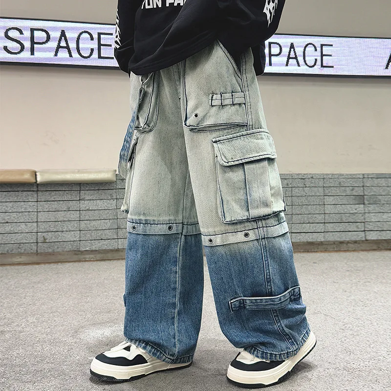 

Новые весенне-осенние джинсы-карго в уличном стиле для мальчиков, детские свободные брюки с градиентом, детские крутые и модные джинсовые брюки с прямыми штанинами