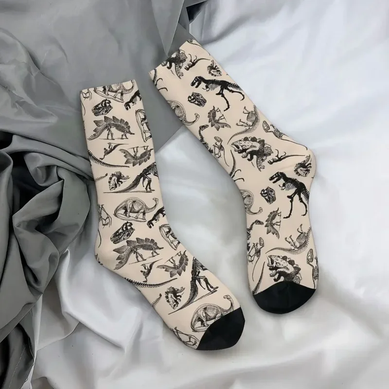 Y2K Vintage Museum Dinosaurs Skeletons Black And Cream Absorbing Stockings All Season Long Socks Unisex Birthday Present