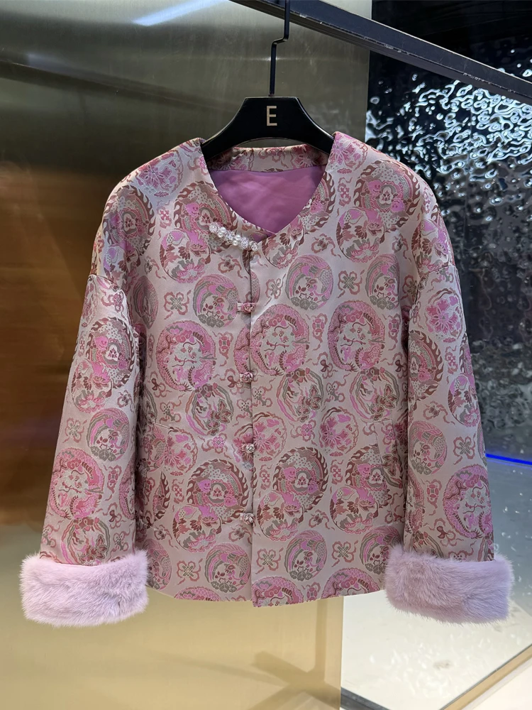 

Silk Taffeta Mink Sleeve round Neck Outerwear Commute Style Traditional Chinese Element Winter New Arrival Women's ...