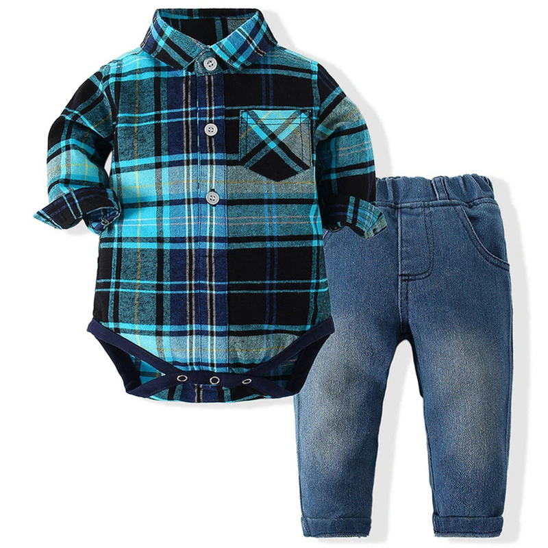 

2Piece Sets Spring Autumn Baby Boy Clothes Fashion Gentleman Plaid Long Sleeve Cotton Newborn Bodysuit+Jeans Kids Clothing BC733