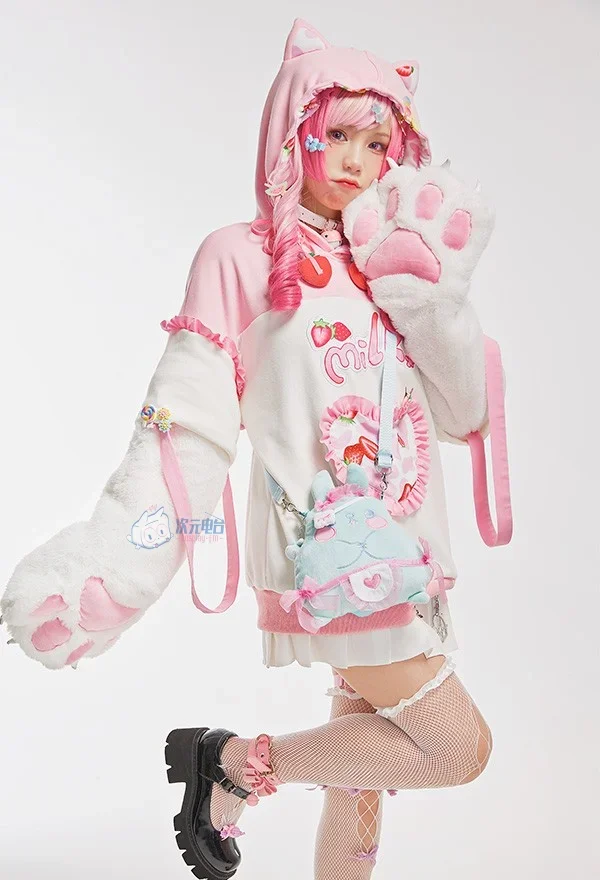 Original Women Pullover Hoodie Furry Cat Paw Gloves Strawberry Milk Cat Style with Detachable Bag Design