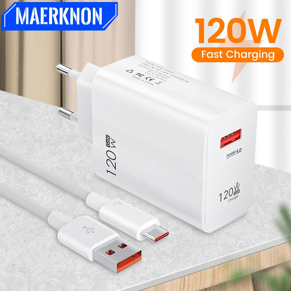 Ładowarka USB 120W Quick Charge z wtyczką EU/US, adapter do ładowania telefonów iPhone, Samsung, Xiaomi, Huawei, kabel Type C, szybka ładowarka.