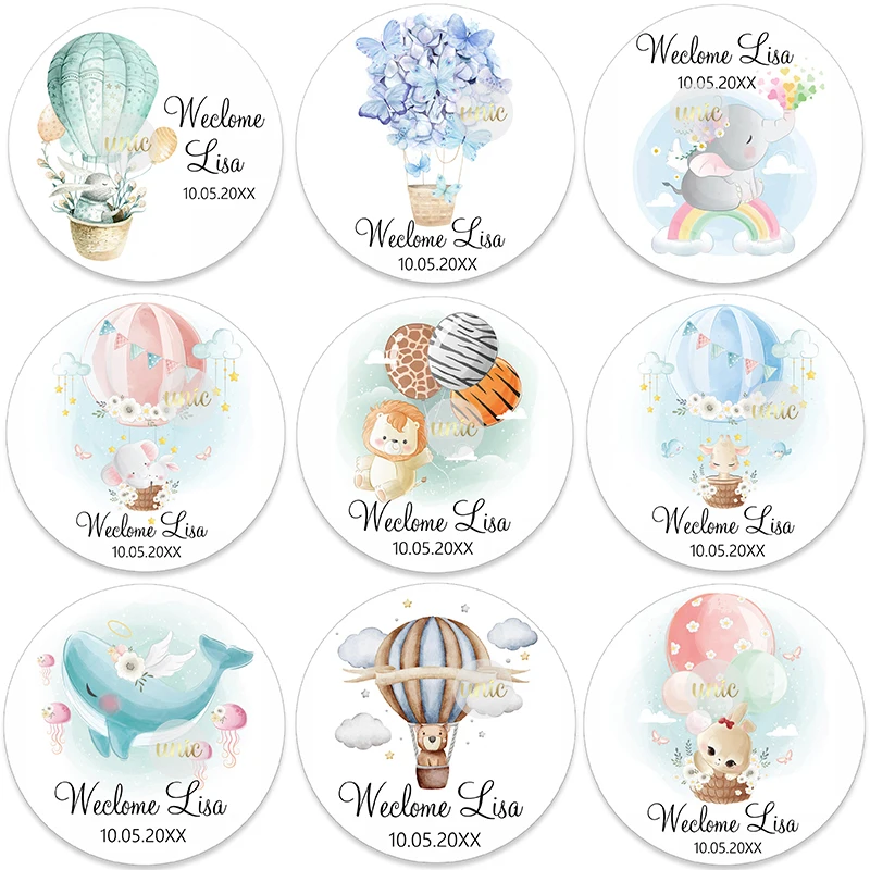 Custom Welcome Baby  Hot Air Balloon Animals Birthday Party Labels Favors Round Sticker Baby Shower Personalise Travel  Sticker