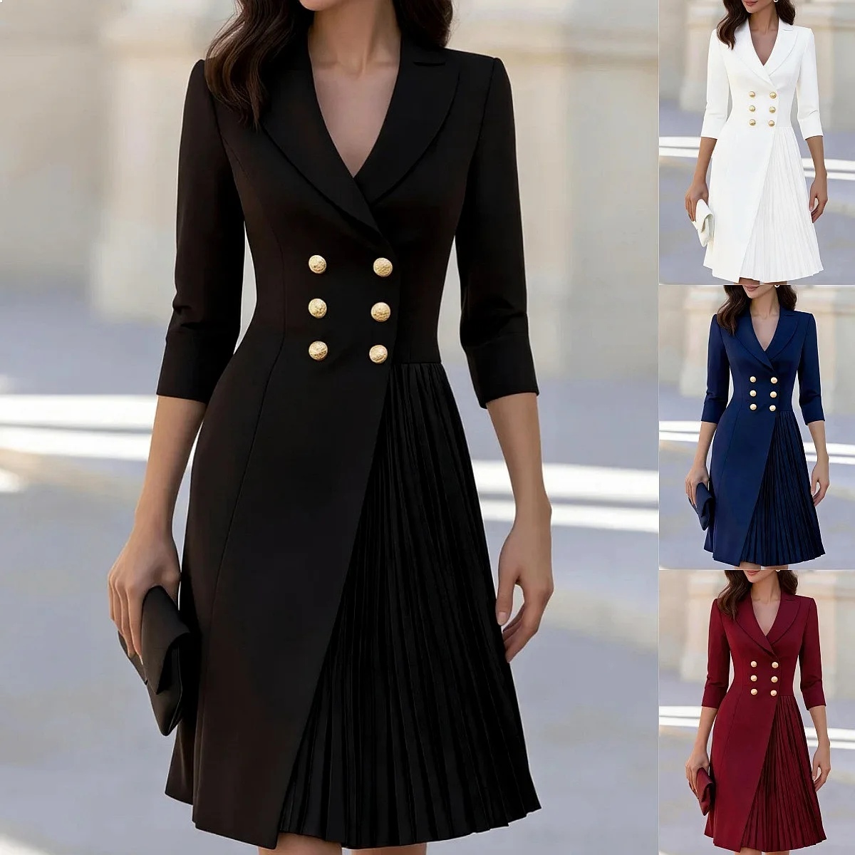 Doppelreihiges Blazerkleid, Asymmetrisches Plissiertes Midikleid mit 3/4-Ärmeln, Wickelkleid mit Taillengürtel für Frühling und Sommer
