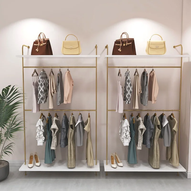 Custom, Custom Mooie Gouden Muur Gemonteerde Kledingstuk Rek Retail Kleding Winkel Interieur Lay-Out Ontwerp