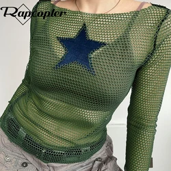 Rapcopter y2k Star Smock Top Holes Net Full Sleeve Crop Top Women Streetwear Fashion Sexy See Through Tee Grunge Aesthetic Tee