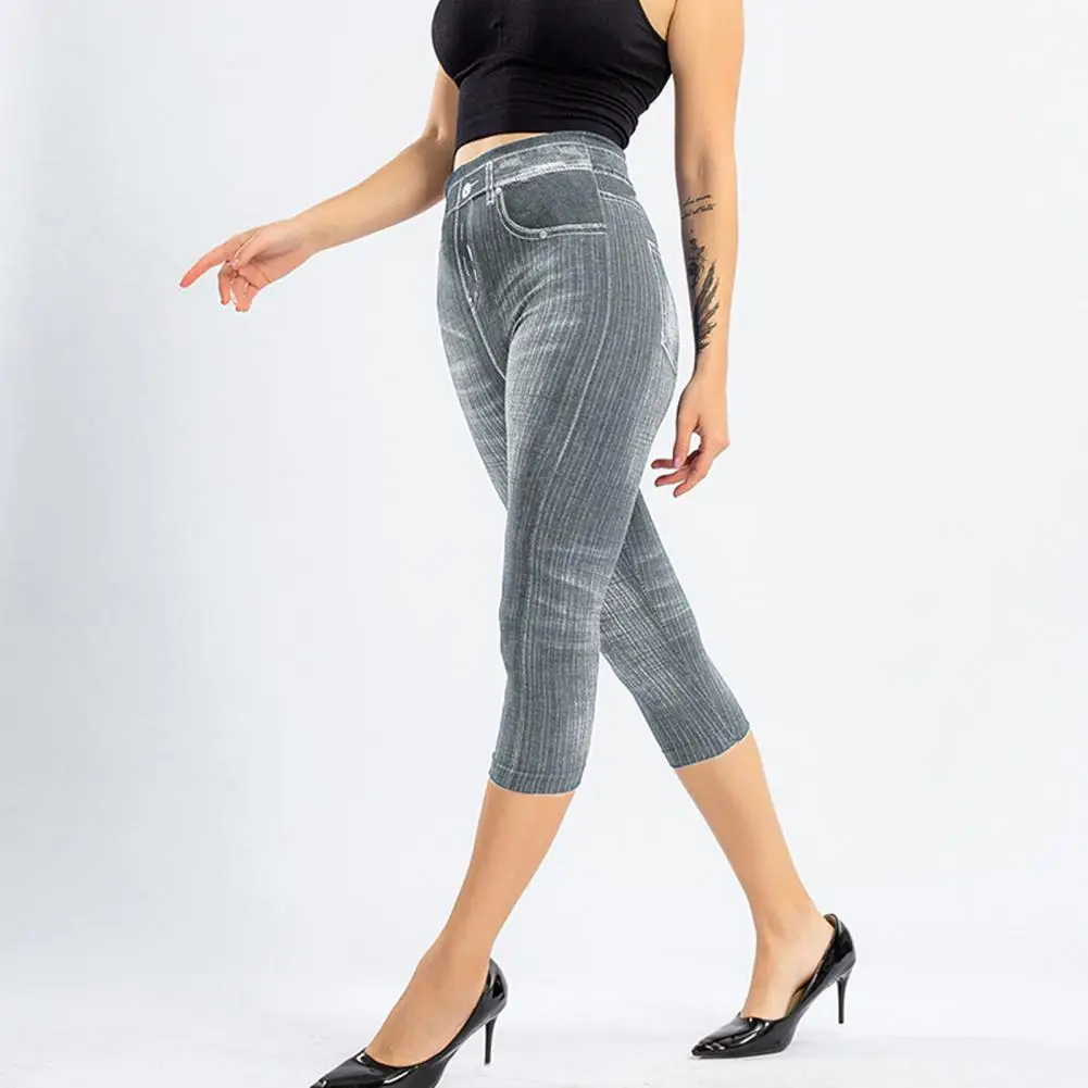 Women Cropped Jeans Slim Fit High Waist Elastic Striped Slimming Button Mid-calf Length Denim Trousers Pockets Casual Trousers