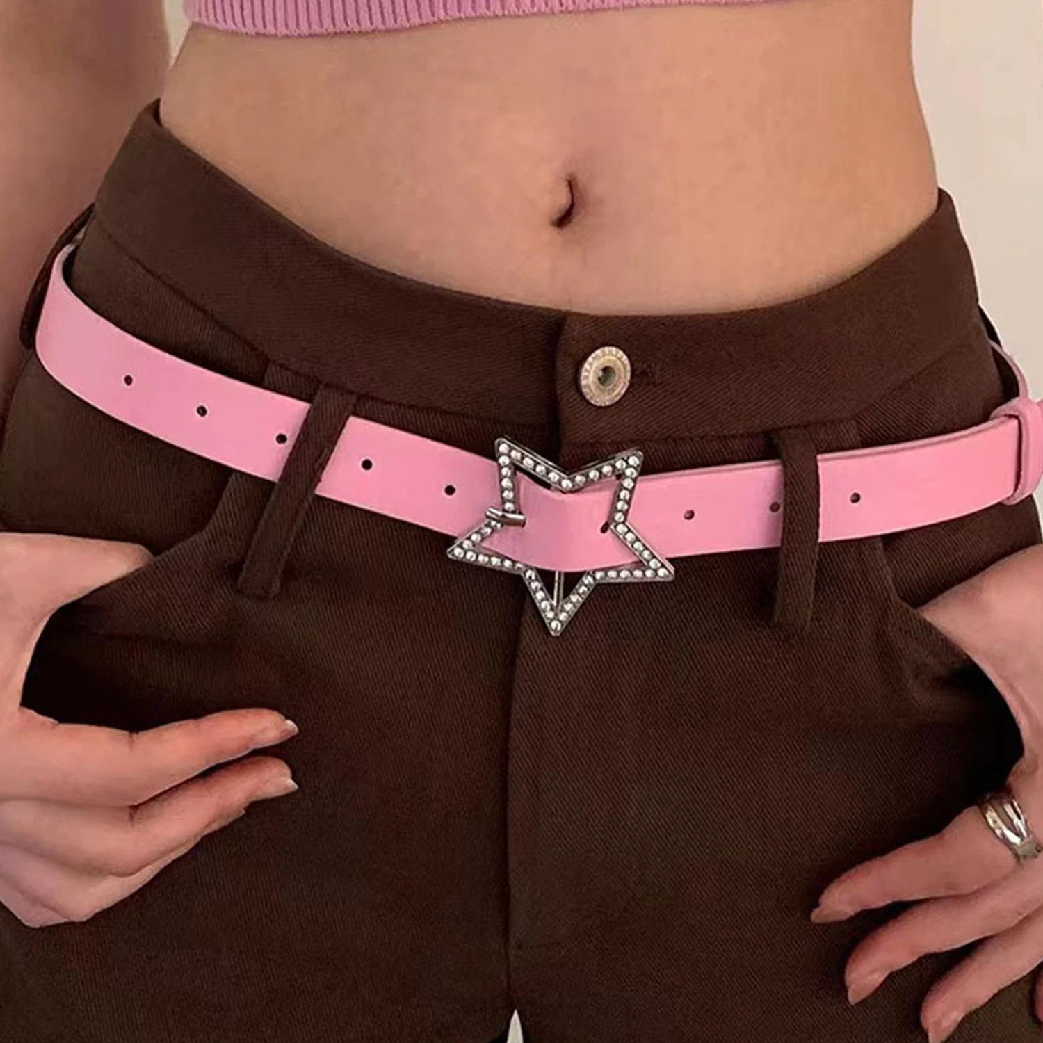 1 PC Belts For Women Spice Girls Pink Black White Belt Star PU Rhinestones Belt Sweet Cool Corset Jeans Belts