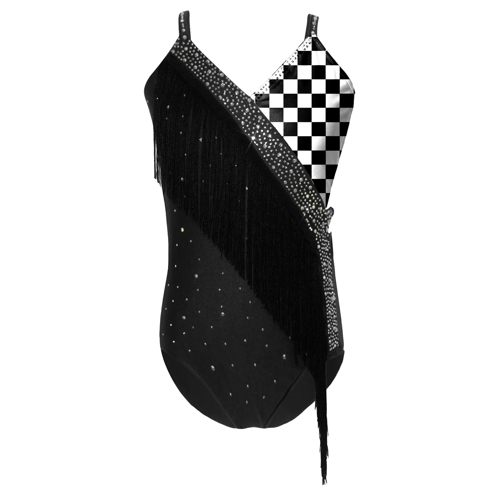 Kinder Mädchen Gymnastik- und Latein-Tanzanzüge, V-Ausschnitt Bodysuit mit Strass und Quasten, Dreieckiger Jumpsuit, Tanzkleidung – Detail 11
