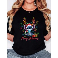 MINISO Merry Christmas Retro Christmas Christmas Lilo and Stitch Short Sleeved T-shirt for Men and Women Breathable Soft Cotton