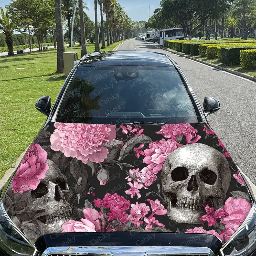 

Car Decal Gothic Culture-Inspired Combination of Skulls and Pink Floral Elements Car Hood Sticker, Waterproof Self - Adhesive PV