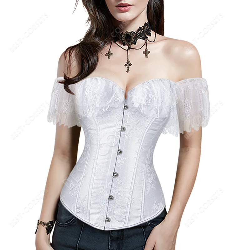 Corset Top for Women Off Shoulder Steampunk Bodices and Corsets Red Sexy Bustier Lace Short Sleeves Jacquard Women\'s Corselet