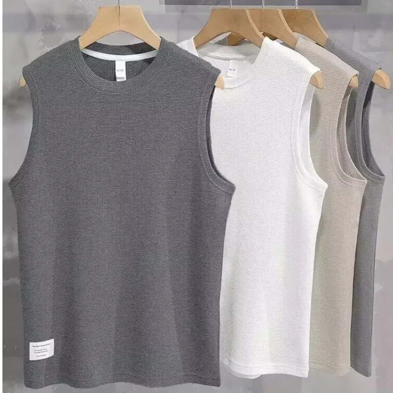 

Summer Thin Sport Vest Loose Fit Sleeveless T-Shirt for Men Casual round Neck Waffle Pattern Street Style Fashionable Vest