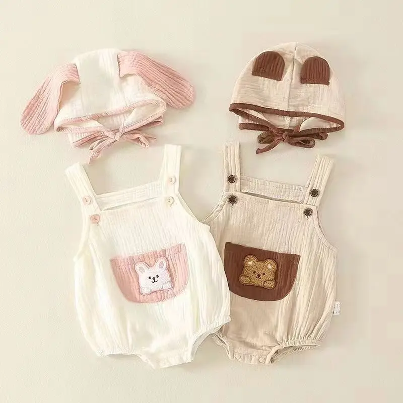 Summer Baby Romper Unisex Baby Bodysuit Cartoon Bear Prints Sleeveless Pocket Romper with Rabbit Hat Newborn Outfit