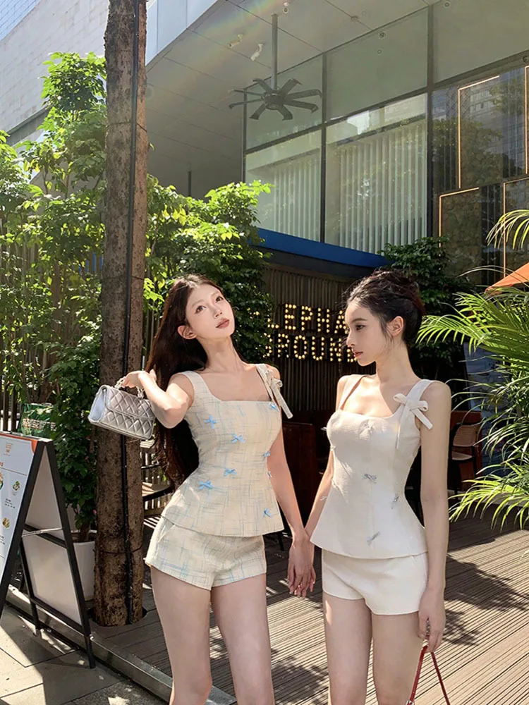 

2024 Summer French Commuter Suit Women's New High Quality Bow Spliced Slim-Fit Vest Top+A-Line Skirt Retro Sweet 2-Piece Set