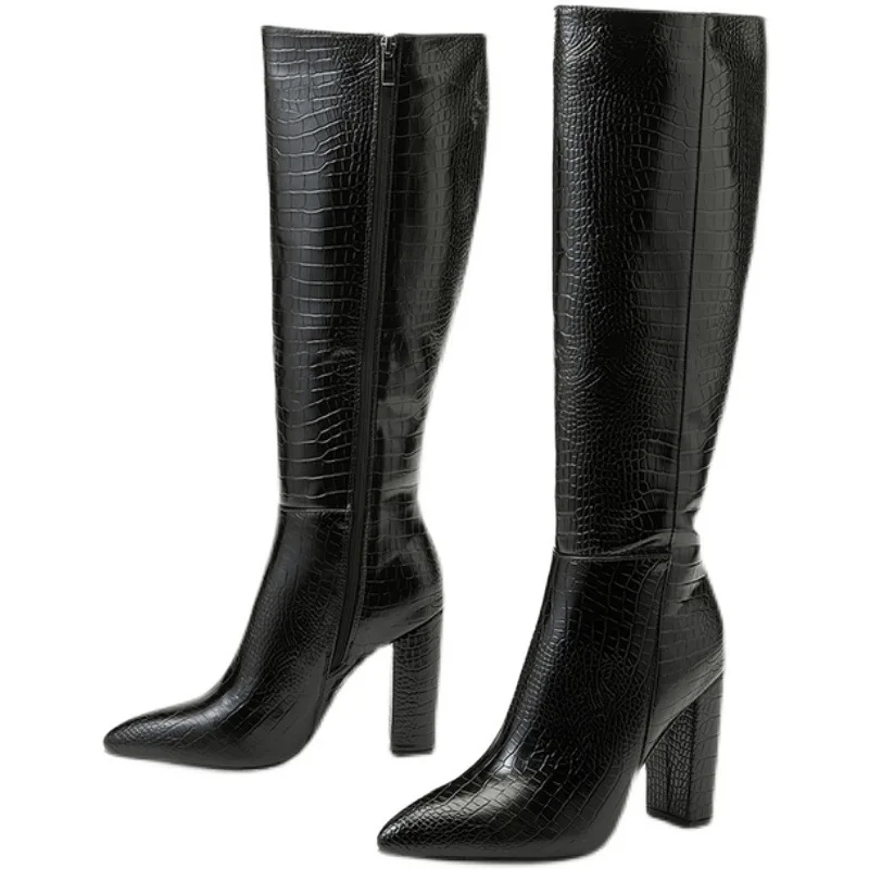 Lady Boots Rock Shoes Woman  Luxury Designer Mid-Calf Mid Calf Pointy Rubber Autumn High Heel Fashion Mid-Calf Solid Lace-Up Sho