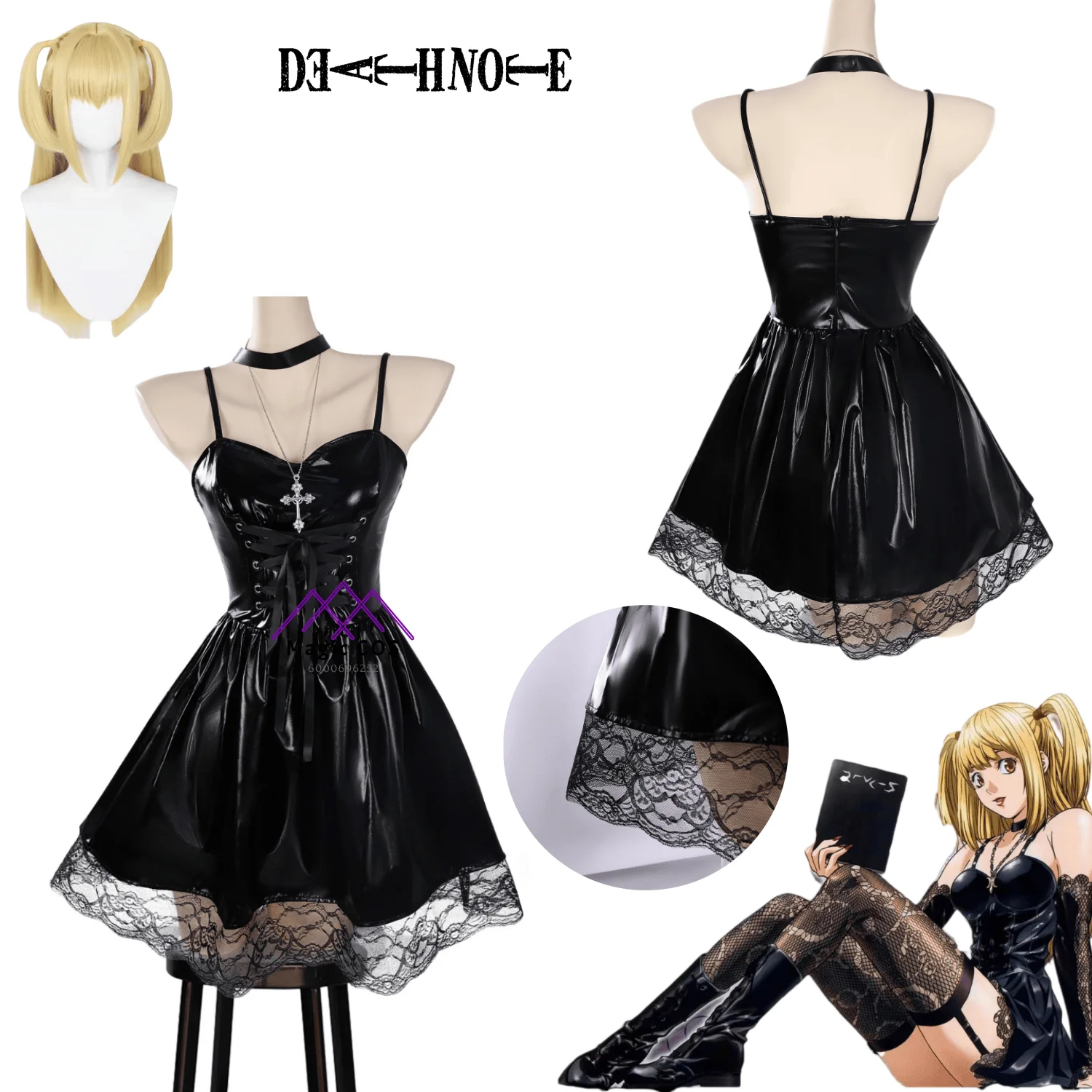 

Hot Manga Death Note Cosplay Costume Anime Misa Amane Role Playing Clothes Sexy Black Leather Dress for Women Comic Con Wig