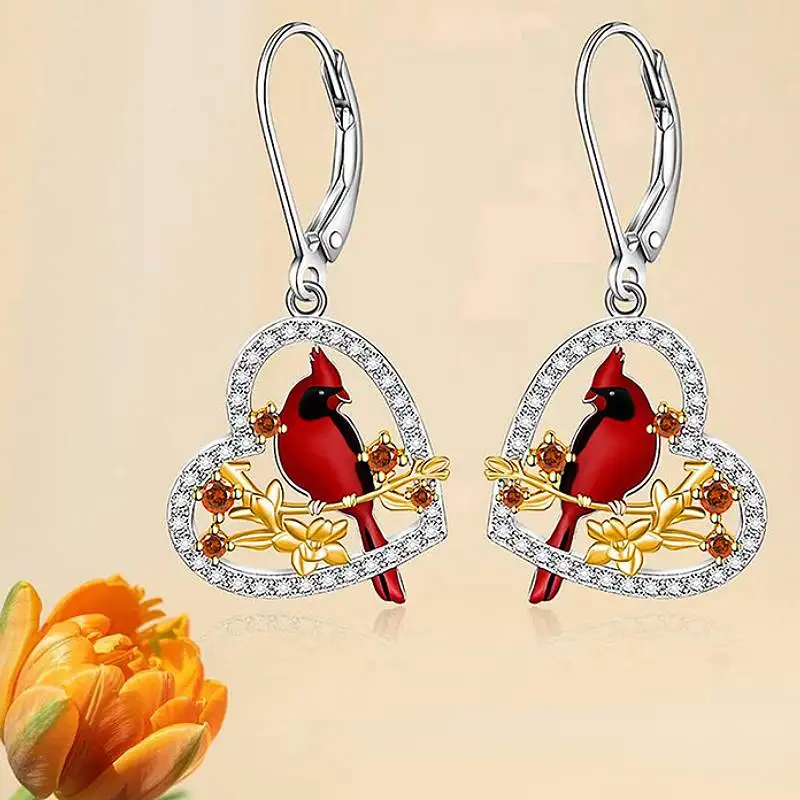 Huitan Herz-Ohrhänger für Damen, Roter Vogel Emaille, Trendige Party- und Hochzeitsaccessoires mit Glänzenden Zirkonia, Zweifarbiger Schmuck für Damen