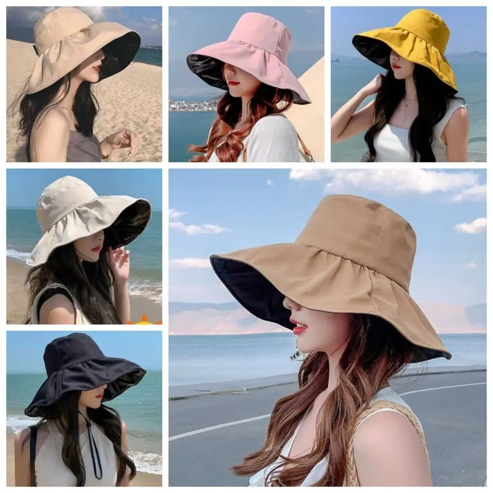 Solid Color Women Fisherman Hat Foldable Anti-Ultraviolet Wide Brim Sun Hat Adjustable with Windproof Rope Sun Protection Hat