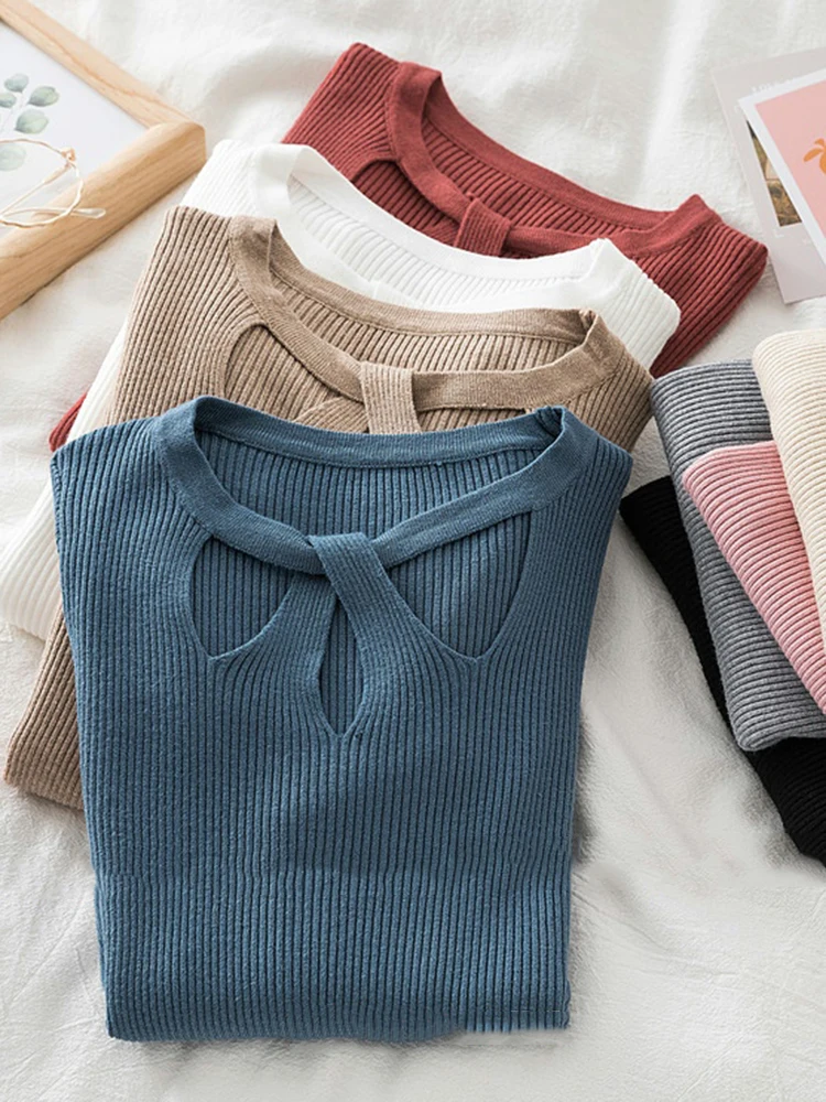 Moda Hollow Out Swetry damskie Jesień Zima Topy Slim Sweter damski Sweter z dzianiny Podstawowy Solidny Sweter Miękki Ciepły Pull