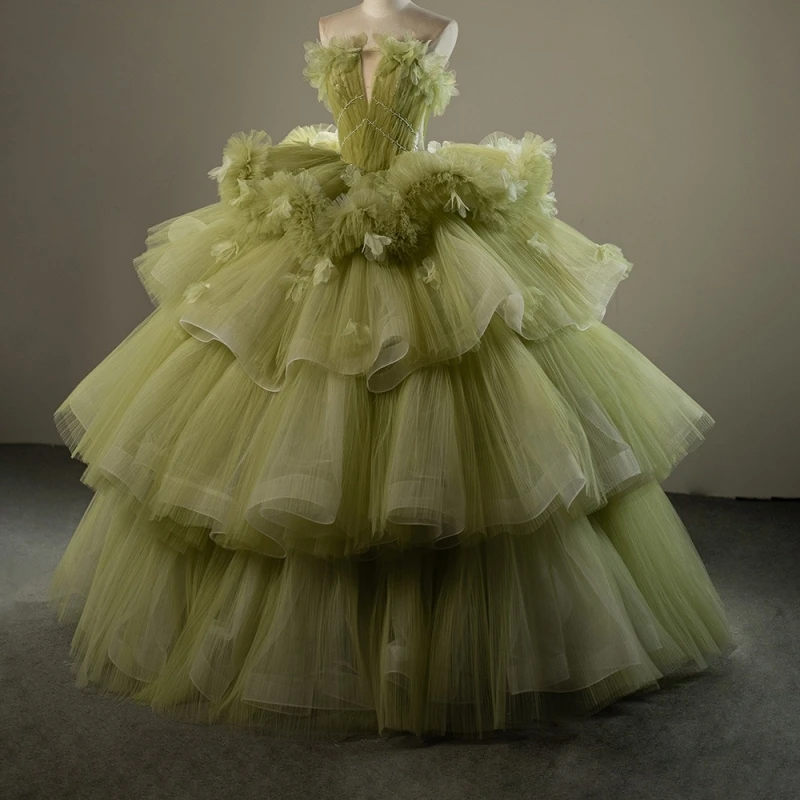 

Olive Green Quinceanera Dresses Ball Gown Off The Shoulder Tiered Tull Flower Beads Party Birthday Sweet 16 Dress Vestidos 15 De