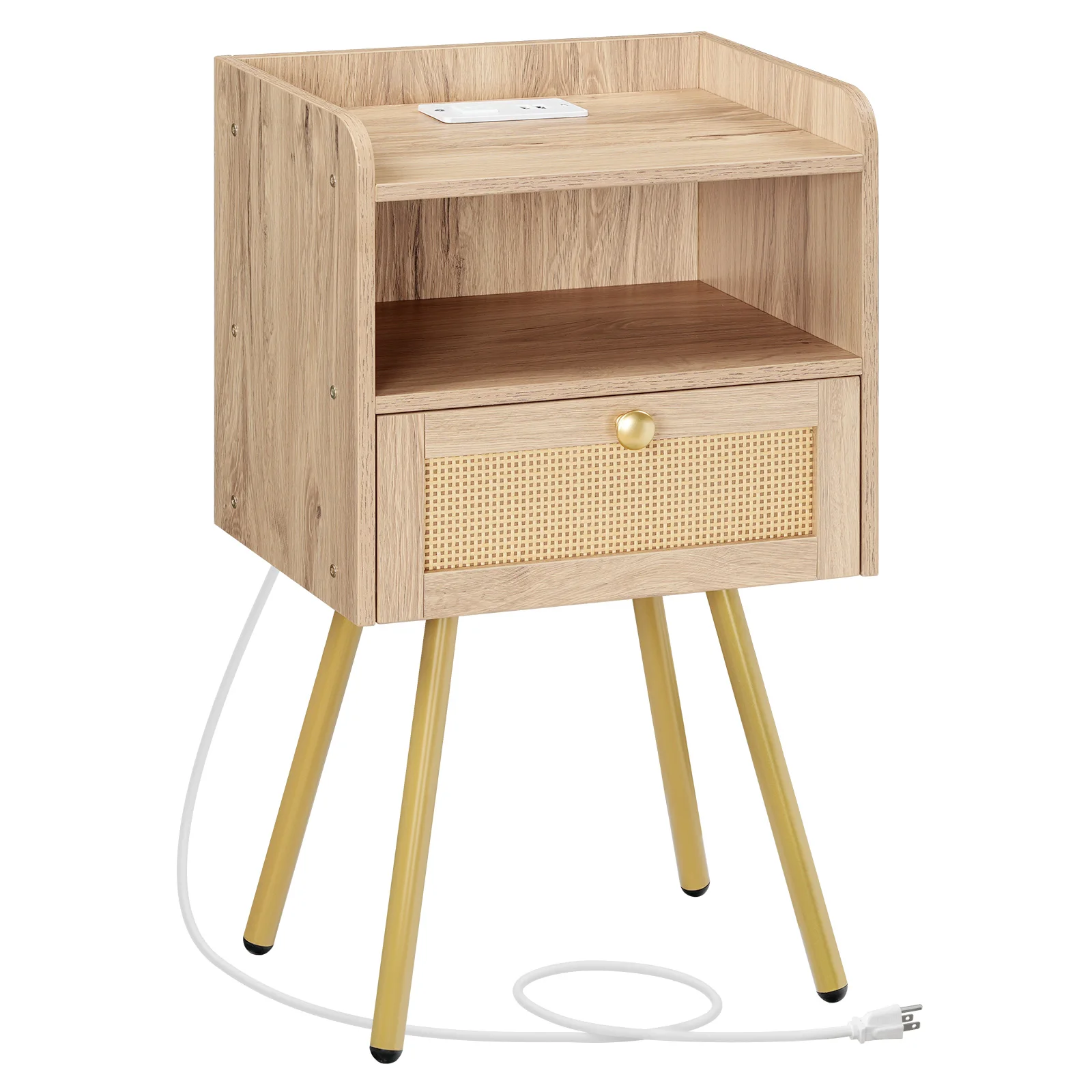 HOOBRO Nightstand with Charging Station Bed Side Table with Rattan-Like Decor Drawer Rattan End Table with Open Storage Bedroom