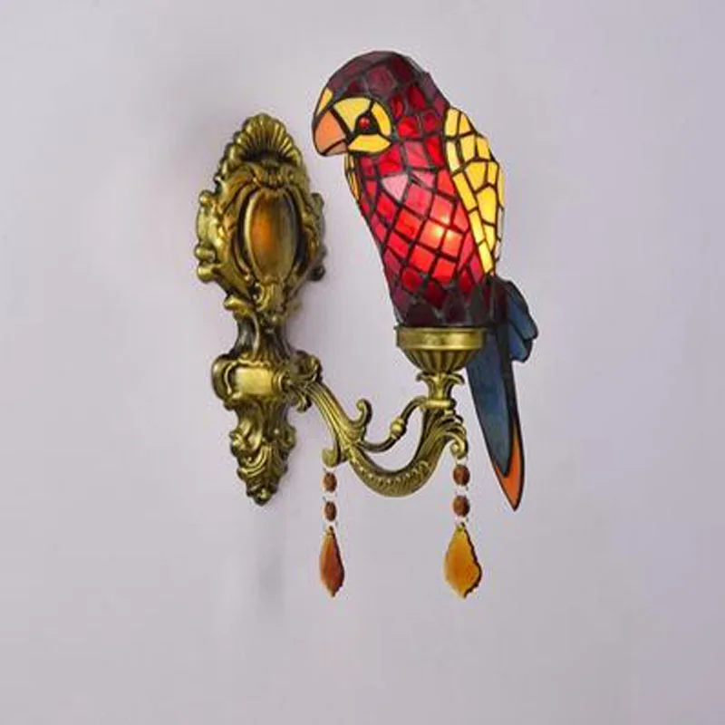 FUMAT Tiffany Wall Lamp Stained Glass Single Parrot Lighting Fixture Creative Art  Wall Sconces Bedside Light LED E27 Wall Light