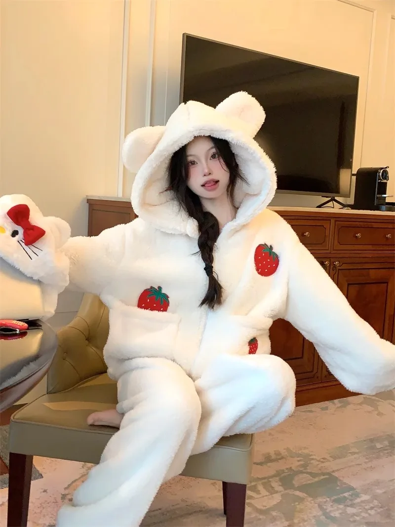 Japanese Original Coral Fleece Warm Strawberry Printed Hooded Pajamas Women's  Winter Fleece Thickened Sweet Loungewear Set