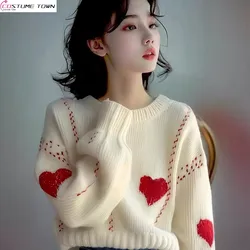 Autumn and Winter New Korean Edition Rice White Fashion Red Heart Pattern Knitted Sweater