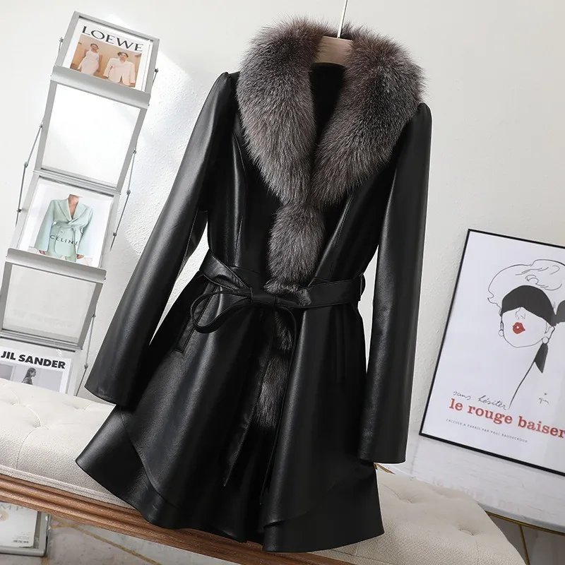 

Sheepskin Leather Women's Mid-length New Style Coat with Silver-blue Fox Fur Collar and Belt for Slim Waist. Wholesale Available