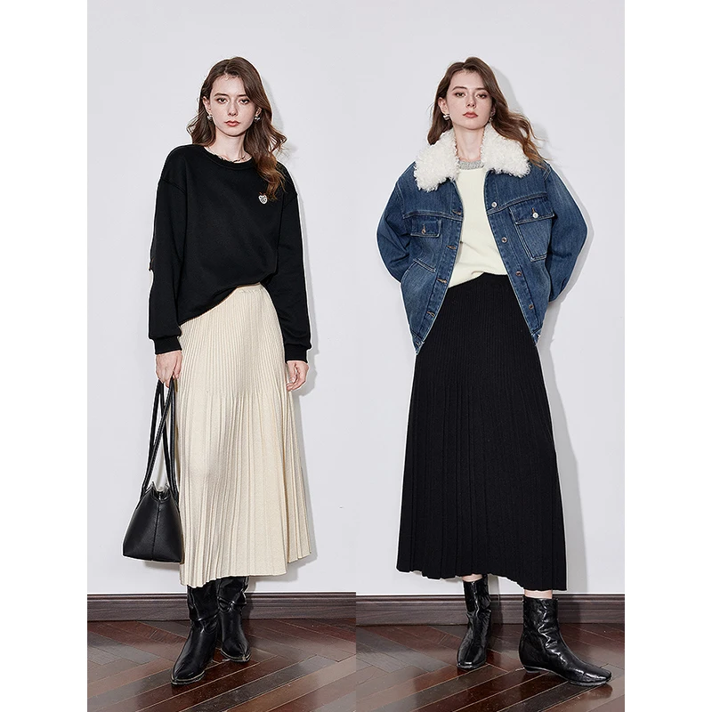 TOYOUTH Women Knitted Skirt 2024 Autumn Winter New Elastic Waist A Line Warm Woolen Umbrella Skirt Black