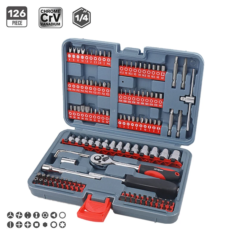 Multifunctional Tool Kit 126Pcs 1/4inch Tool Combination Set Include Ratchet Wrench Drill Bit Socket for Car Repair Metalworking