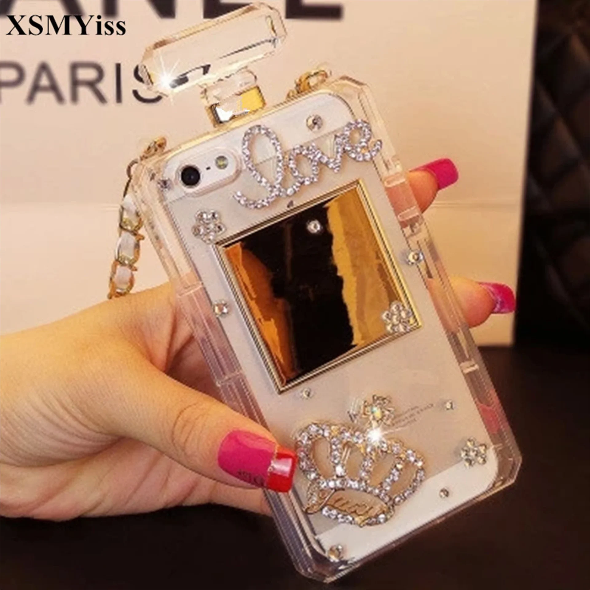 Diamond Crown Perfume Bottle Shaped Chain Handbag Case Cover for iPhone, 15, 13, 12, Mini, 16Pro, Max, Xs, iPhone 14, 16Plus