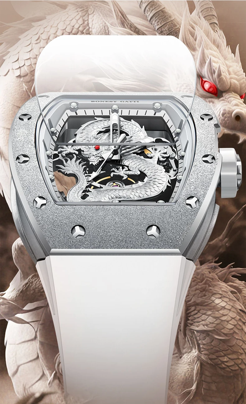 BONEST GATTI Men Automatic Watch Tonneau Mechanical Wristwatch 3ATM Sapphire Luminous Hollow Out Dragon Dial Fluororubber Strap