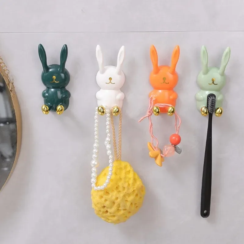 1/4PCS Cartoon Rabbit Toothbrush Holder Wall Mounted Punch-free Self Adhesive Key Plug Storage Rack Kitchen Bathroom Organizer