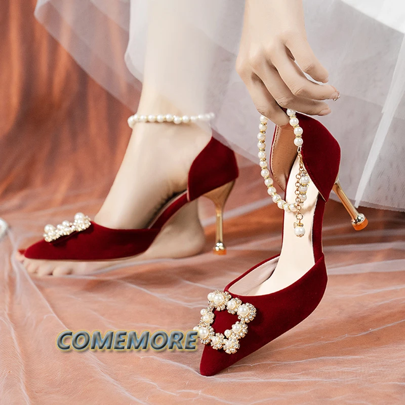 Elegant Pearl Crown Bride Shoes Women String Bead Ankle Strap Thin Heels Pumps Woman Flock Pointed Toe High Heels Wedding Shoes