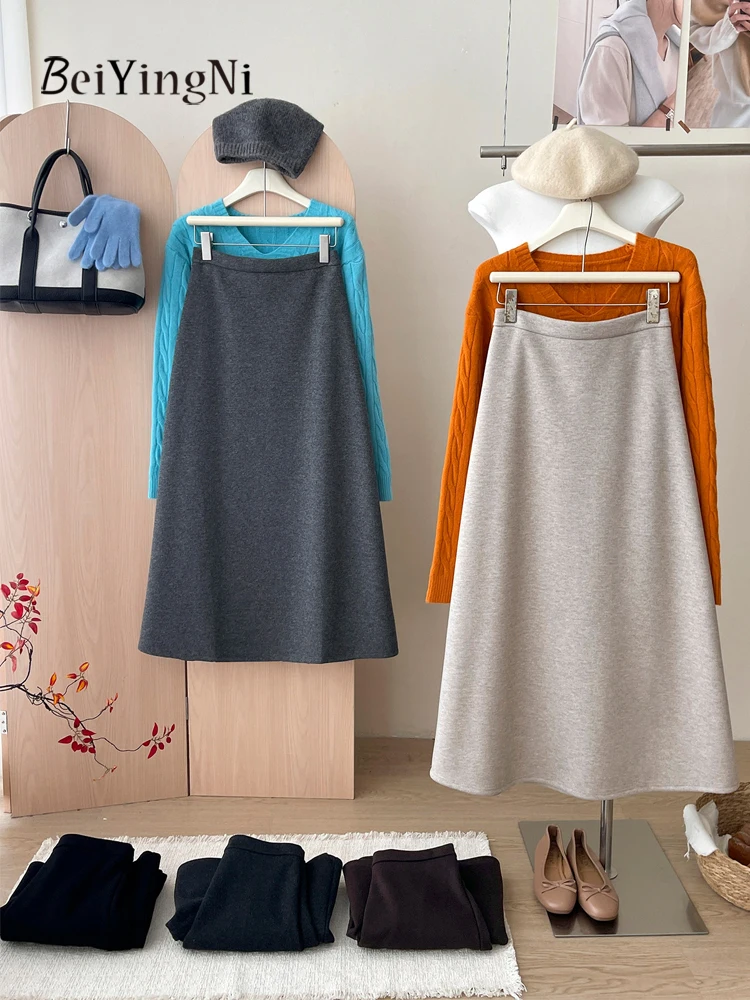 Beiyingni 2026 Fashion Korean Women's Skirts Autumn Winter Woolen Long Maxi Skirt Ladies Elegant Luxury Retro Black A-line Skirt
