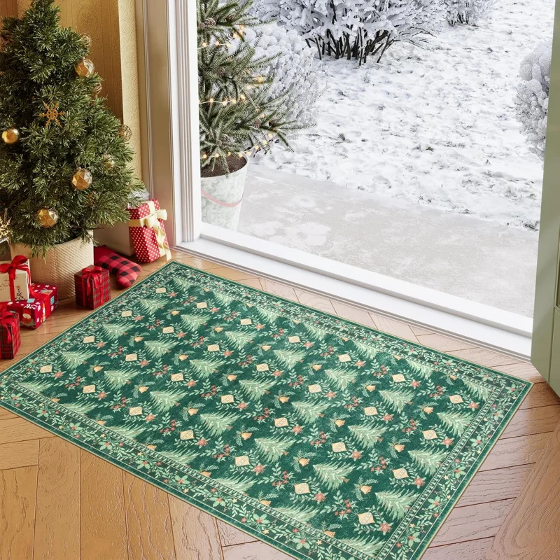 Christmas doormat green carpet bedroom tree pattern printed flannel floor mat decoration 61X90cm