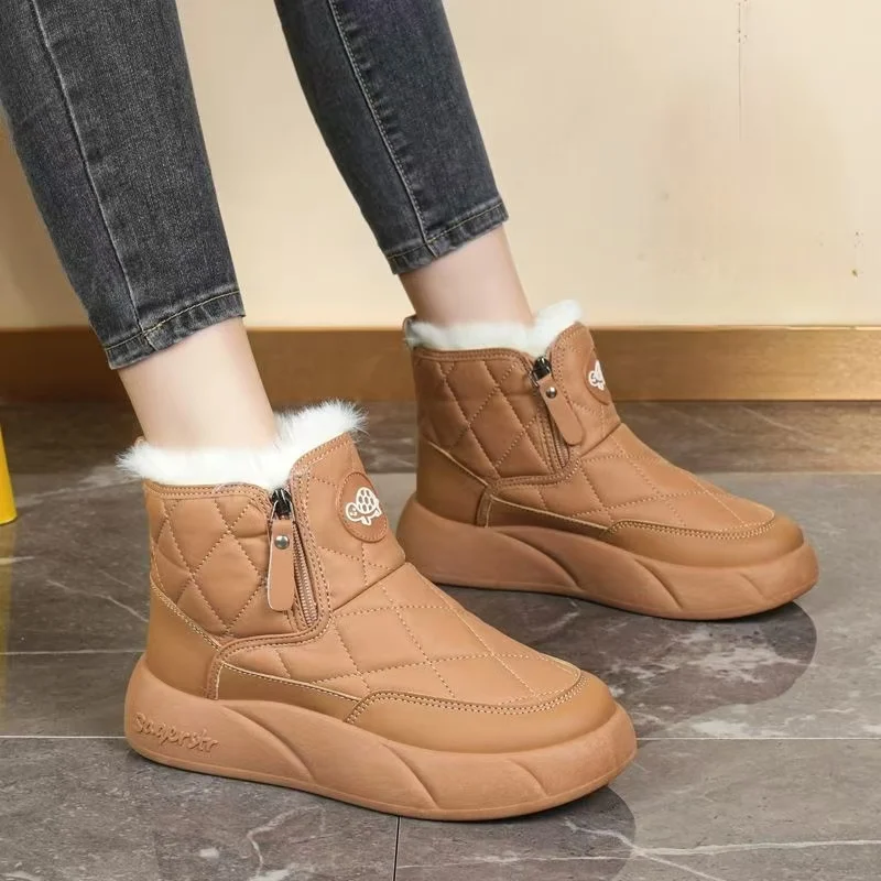 

Women Winter Leather High Top Snow Boots Waterproof Non Slip Thick Sole Round Toe Thicken Plush Keep Warm Shearling Cotton Shoes