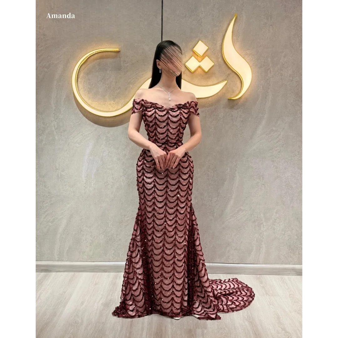 Amanda Customized Burgundy Off Shoulder Scallop Sequin Mermaid Prom Dress With Small Train Slim Fit vestidos de noche Glam 2026