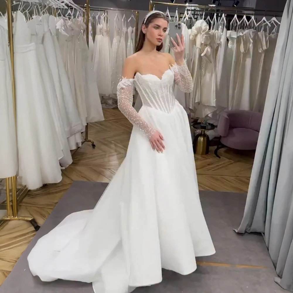 

Customized Modern Sweetheart Neck Wedding Dress With Detachable Beaded Lace Sleeves A Line Satin Bridal Dress For Bridal Events