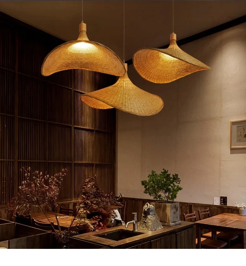 

MoModern Chinese Style Bamboo Chandelier Tea Room Rattan Hand-woven Lamps Creative Straw Hat Chandelier Woven Bamboo Lamp