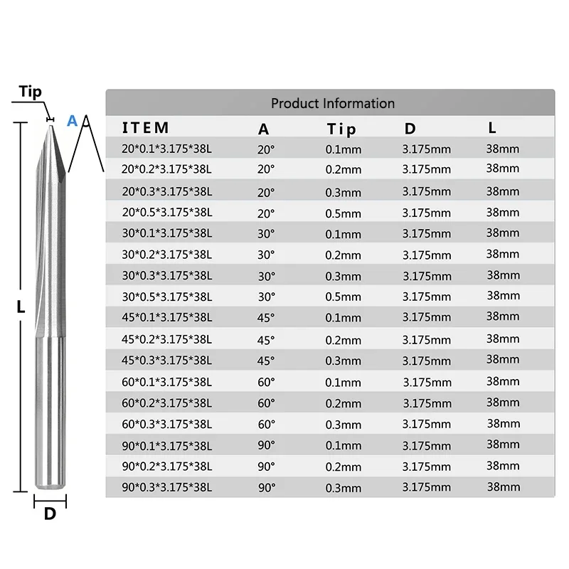 CNC Router Bit 10pcs 3.175mm Shank 2 Flute Straight V Shape End Mill 20-90 Degrees CNC Tungsten Carbide Carving Bit